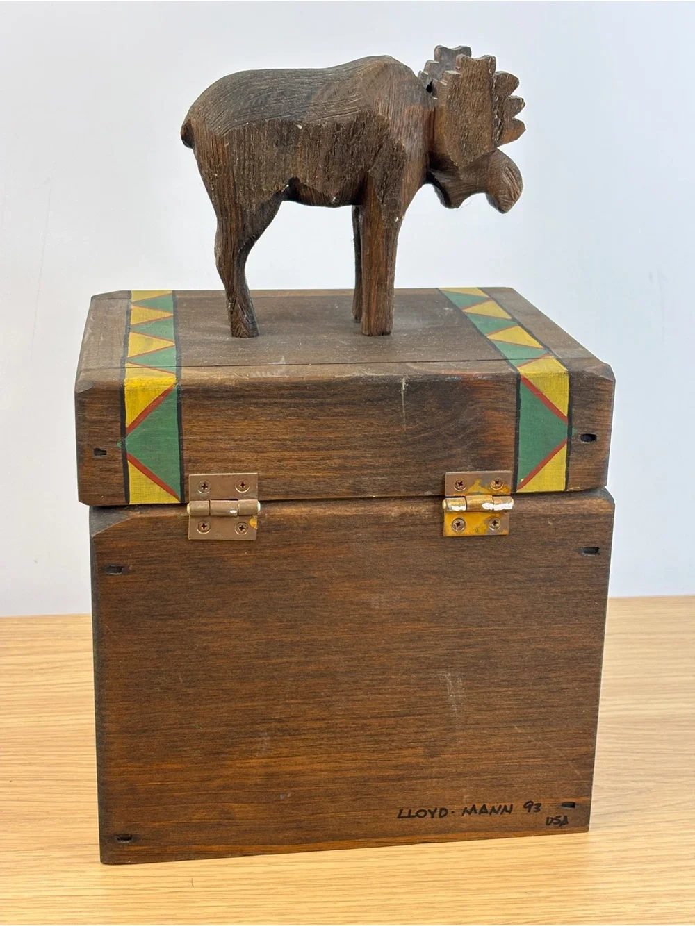 1993 Lloyd-Mann Wooden Moose Top Trinket Box with Painted Geometric Trim